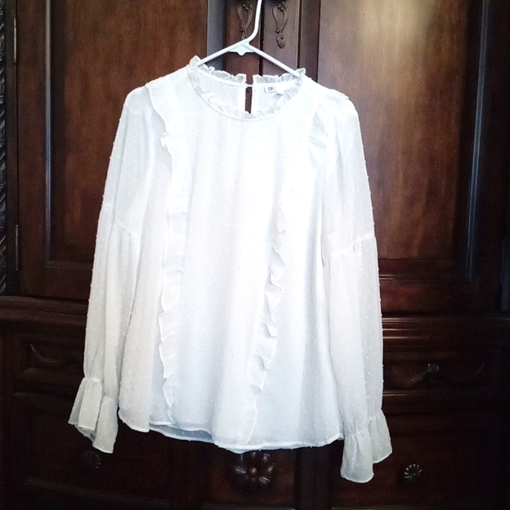 DR2 Women's White Swiss Dot Ruffled Shoulder Long Sleeve Blouse Large